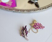 Brooch Pin Set of 2, Pink Rhinestone Grapes and Purple Leaves, Vintage