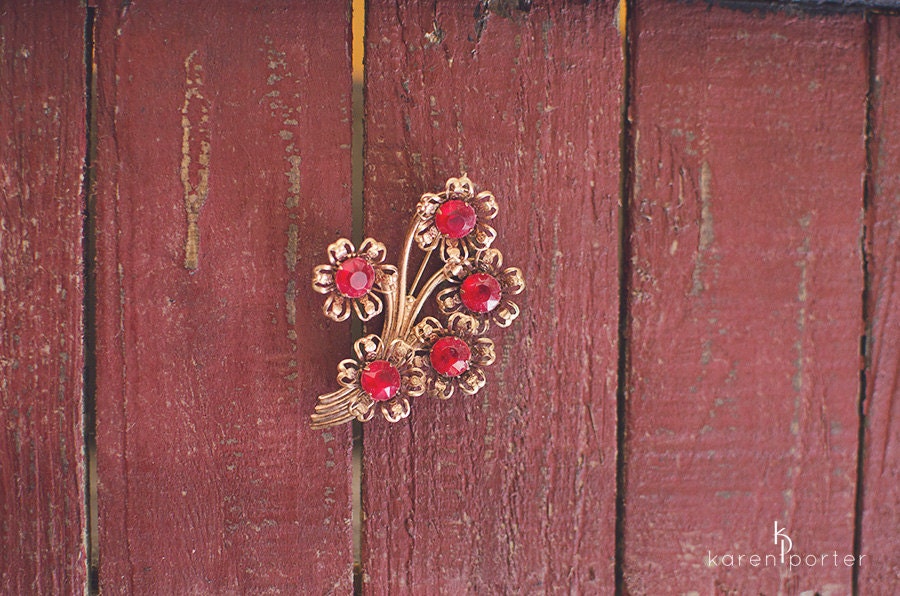 Vintage Brooch Red Rhinestones with Floral Design