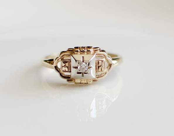 Wedding Ring Vintage Art Deco Stunning 14K Gold Diamond