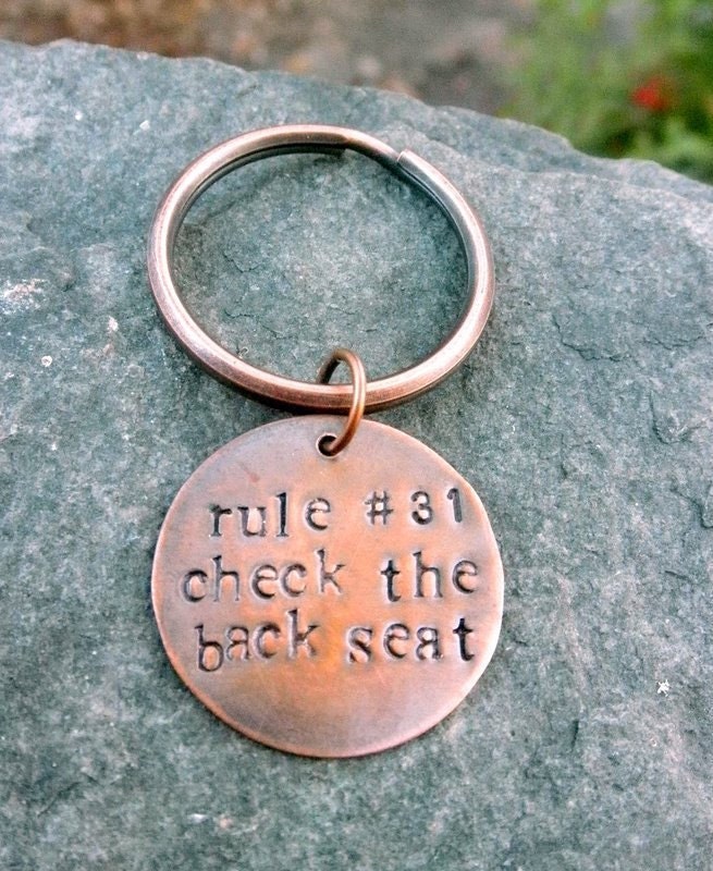 Key Chain- Key Ring- Zombie Rules- Check the Back Seat- Hand Stamped Copper Disc - hoptimystic