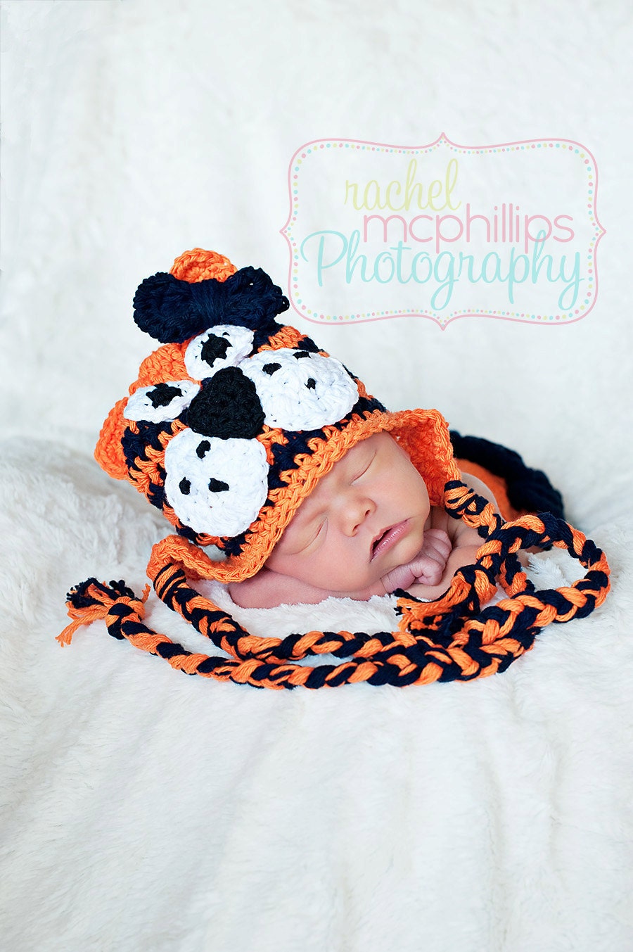 Tiger Hat BABY SIZE Crochet Girl Auburn Beanie with Earflaps and Navy Crochet Bow Clip - 0 - 3 months, 3 - 6 months, 6 - 12 months