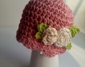 Girl Crochet Cloche Hat - Vintage Inspired LUCY - Dogwood Heather Pink and Cream Rosette Flowers - Newborn, Infant, Baby, Toddler
