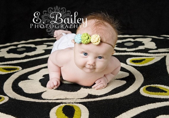 Rosette Flower Trio Headband - Banana Yellow, Lime Green, Aqua Blue - Chocolate Brown Petite 1/8" Elastic Headband - Photography Prop