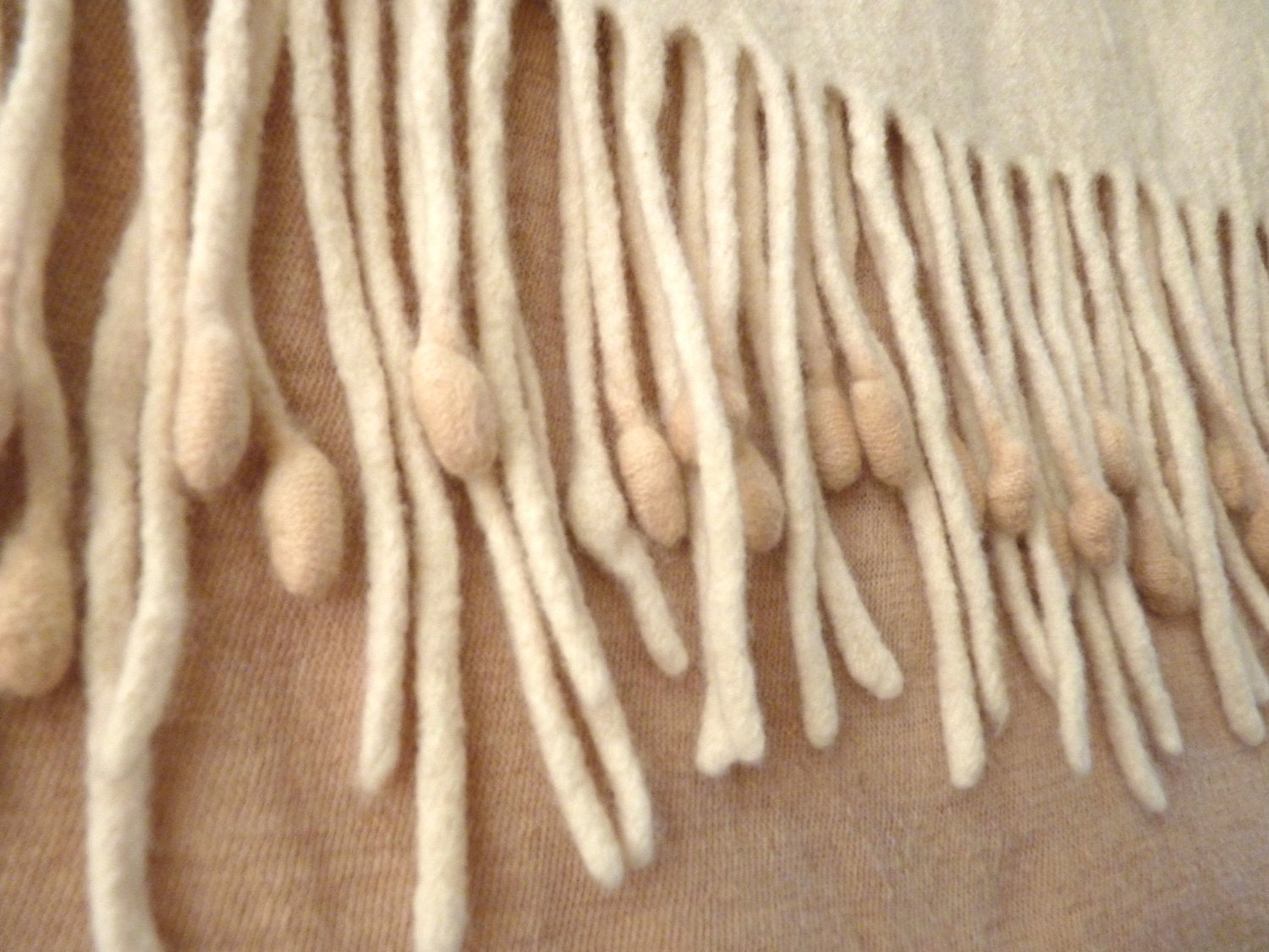 Pashmina knit felted merino wool with ombre soft brown colored tassels and fringes by Texturable
