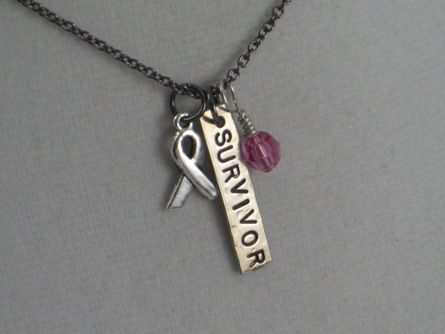 SURVIVOR Cancer Awareness Necklace Rectangle Pendant - Cancer Ribbon Jewelry - Breast Cancer Survivor Jewelry