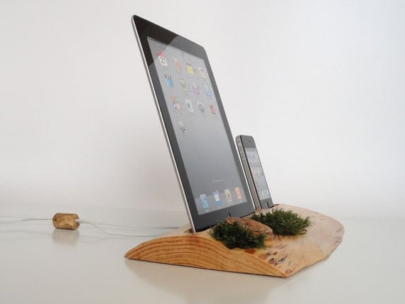 iPhone / iPod / iPad evergreen wooden DUAL docking station - sync, charge, can serve as holder / stand...