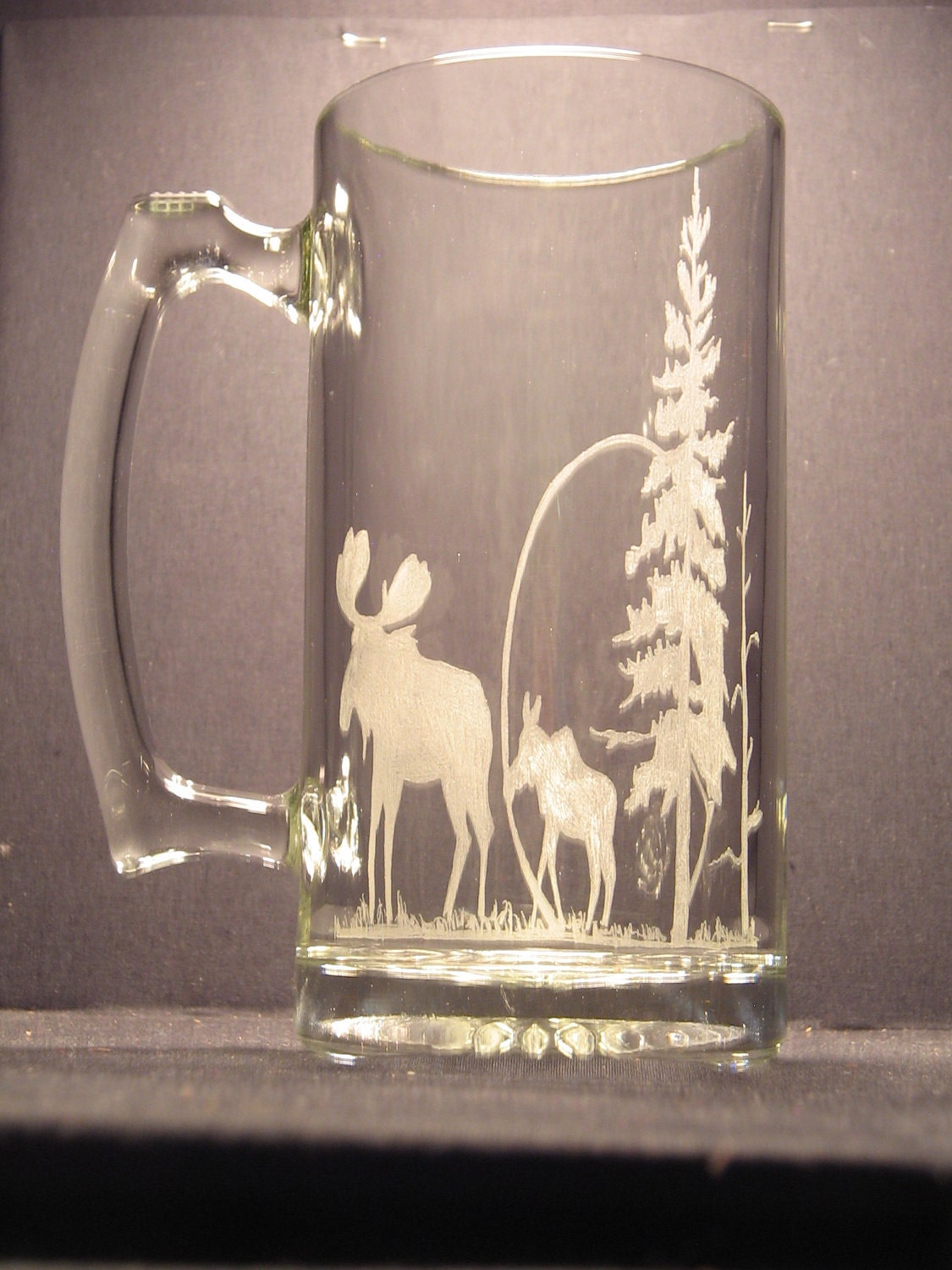 Moose and calf One wildlife engraved glass Moose design beer mug