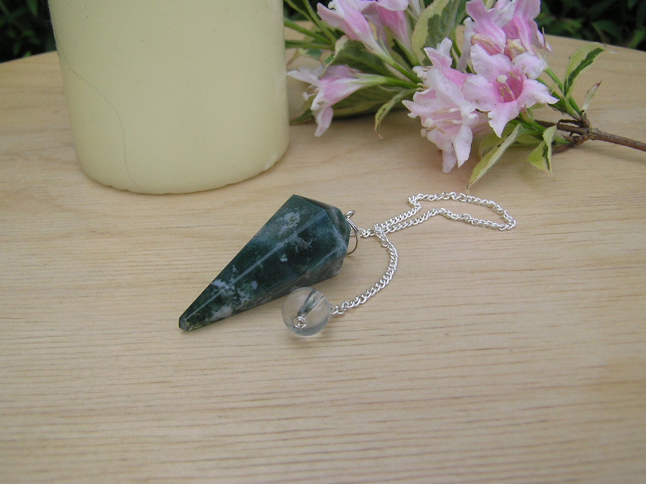 Green Moss Agate Faceted Pendulum