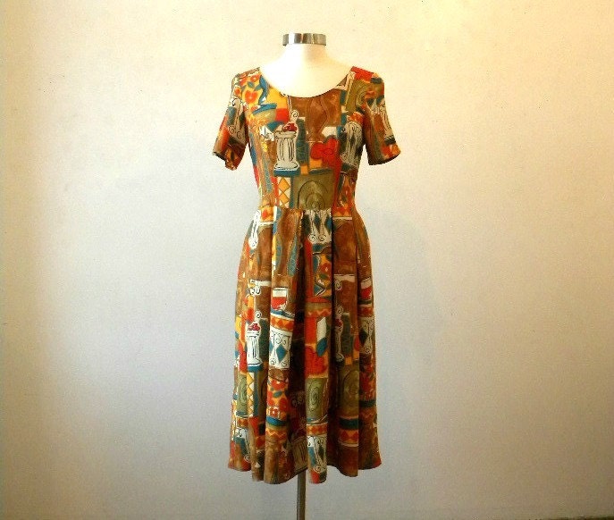 Short Sleeve Dress / Brown Print Indie 50s Style / Large