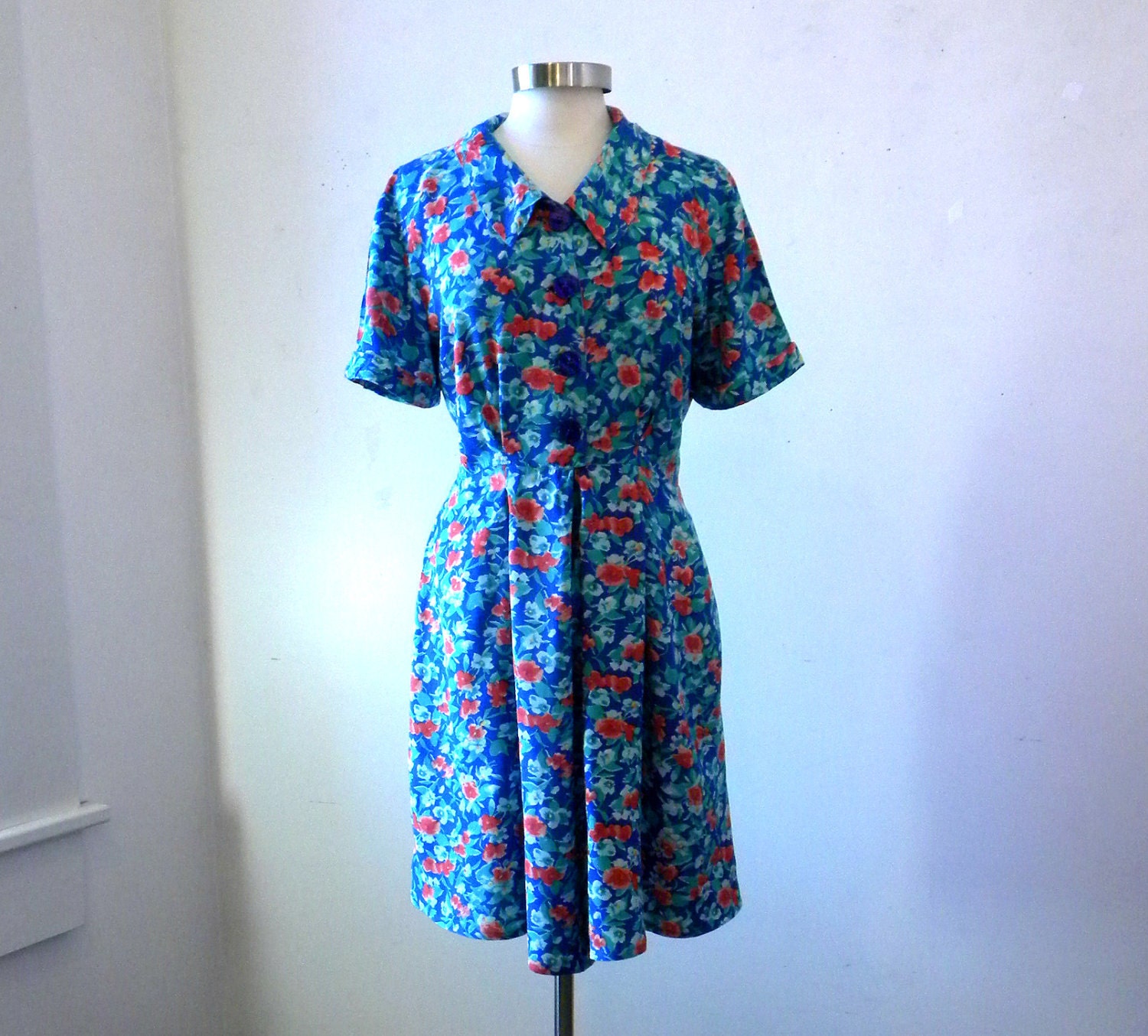 80s Floral Dress / Hipster Indie Summer Day Dress / Blue