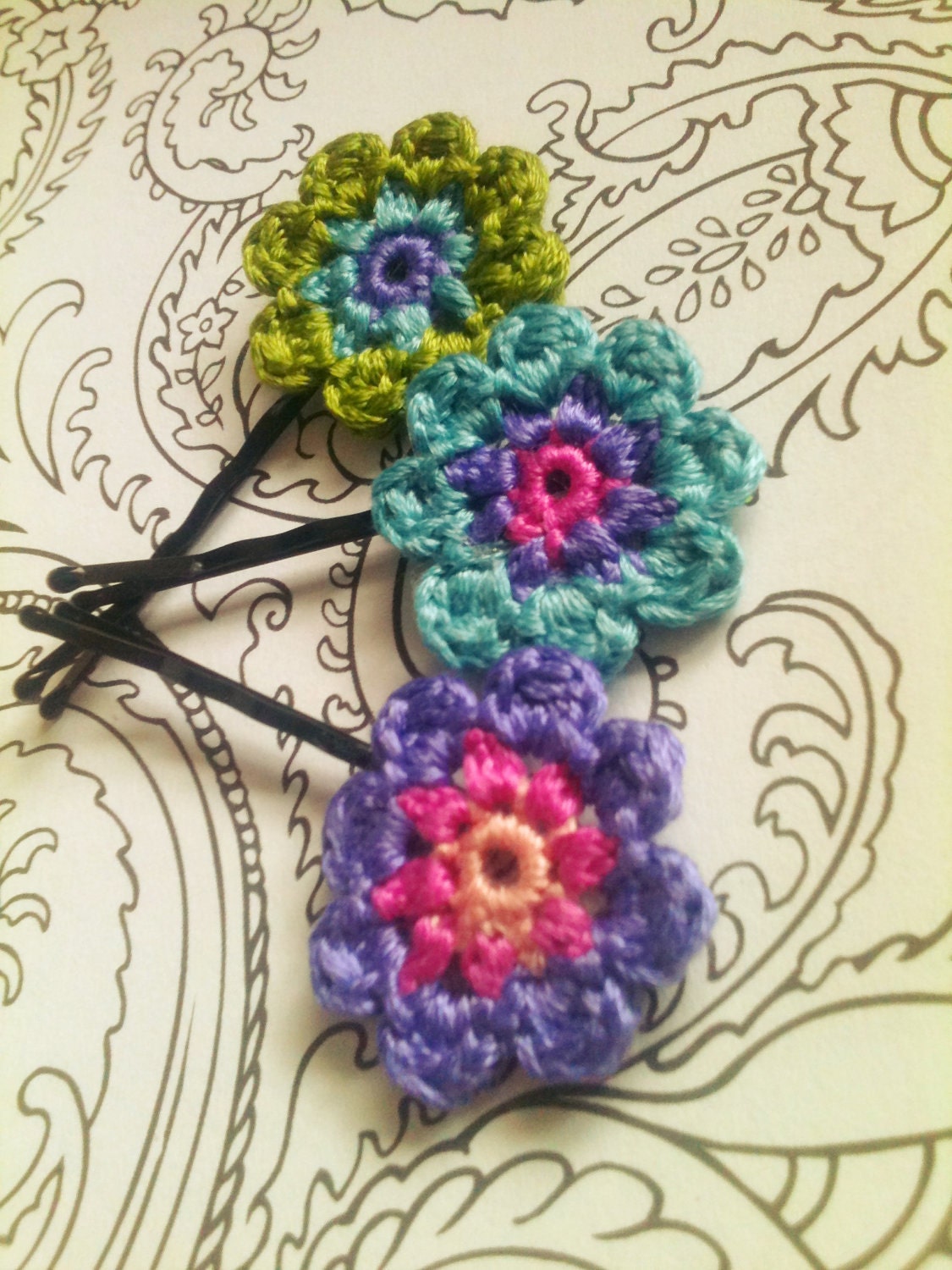 Crochet Flower Hair Pins, Green, Blue, Purple and Pink