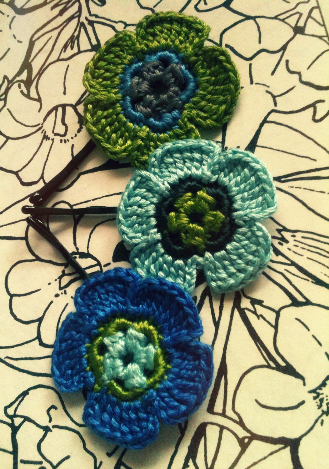 Crochet Daisy Flower Hair Pins, Green, Blue and Grey