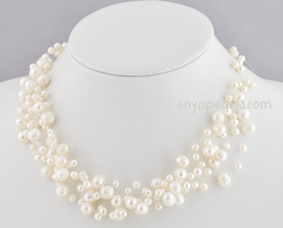 Pearl Necklace,Bridesmaid Necklace, Multistrand Necklace ,Floating Necklace,Illusion Necklace(FN0142)