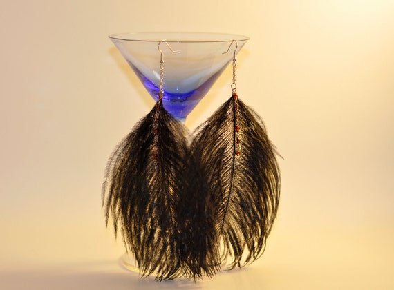 Bohemian Earrings / Boho Black Peacock Feather Earrings- Shoulder Dusters