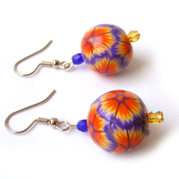 Polymer Clay Earring Purple and Fiery Yellow Flowers Dangle Earrings