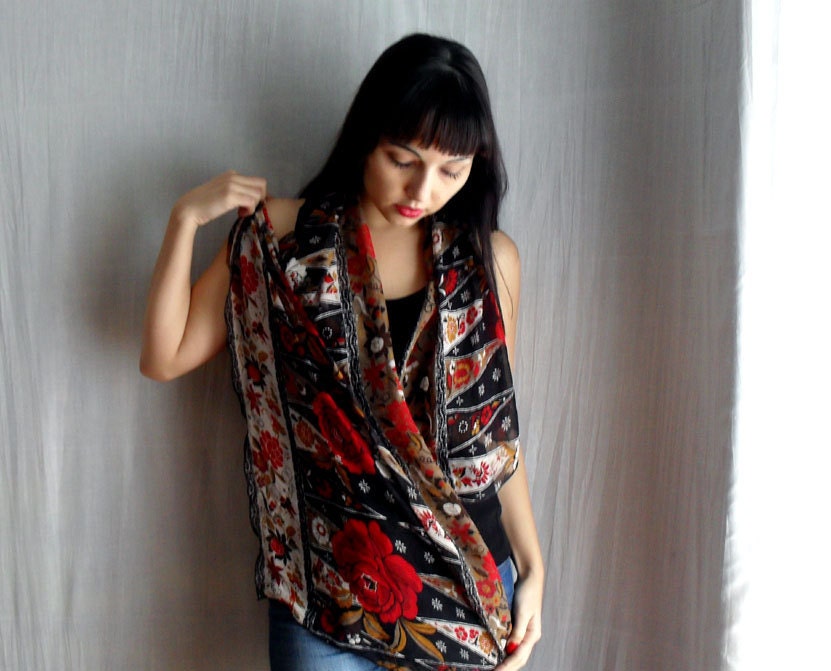 Black floral silk scarf  boho scarf chiffon scarf womens scarf