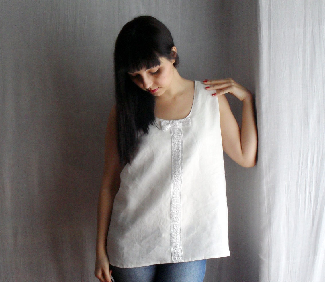 White camisole in linen - lace tank top womens top