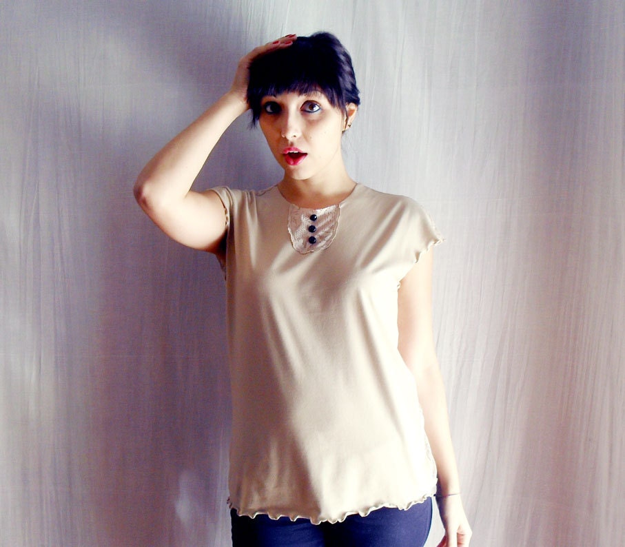 Sand short sleeve shirt top - lace top vintage inspired womens top