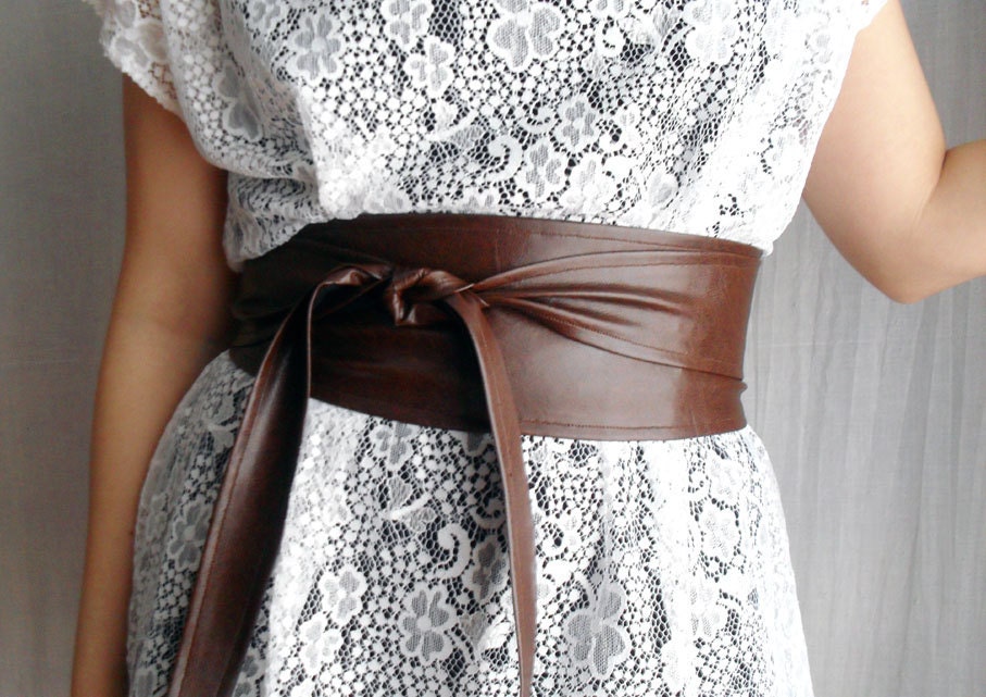 Brown obi belt in vegan leather - brown obi belt faux leather belt plus size obi belt