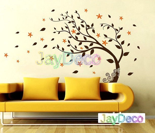 Vinyl Tree Wall Decals Tree Wall Stickers Winter Tree Falling Leaves Wind Blowing Home Decor - 55 inches (H) 98 inches (W)