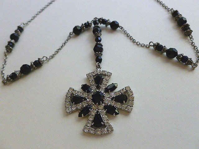 Vintage Rhinestones & Black Beads and Silver OOAK Cross Necklace