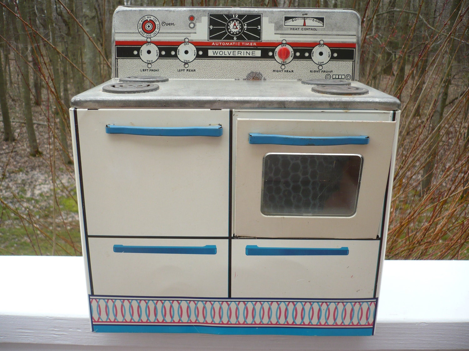 RESERVED FOR DEBANNET, 25% - Rare 1950s Lithographed Nursery Rhymes Wolverine Vintage Tin Toy Stove / Oven