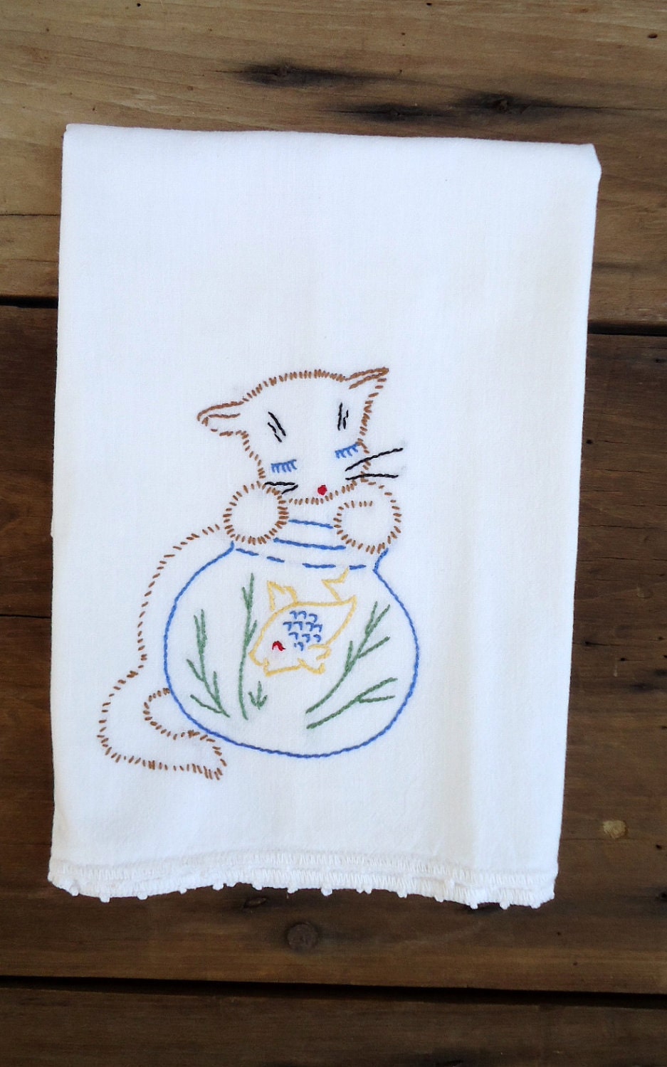 Kitchen Cat Towel Vintage Embroidered Guest Dish Kitchen Tea Embroidery Kitty Kitten Fish