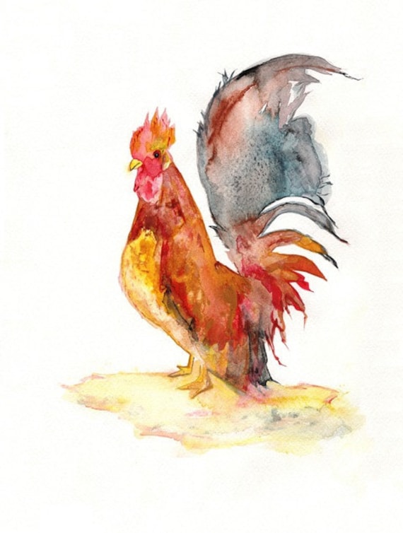 Rise and Shine Red Rooster Watercolor Print