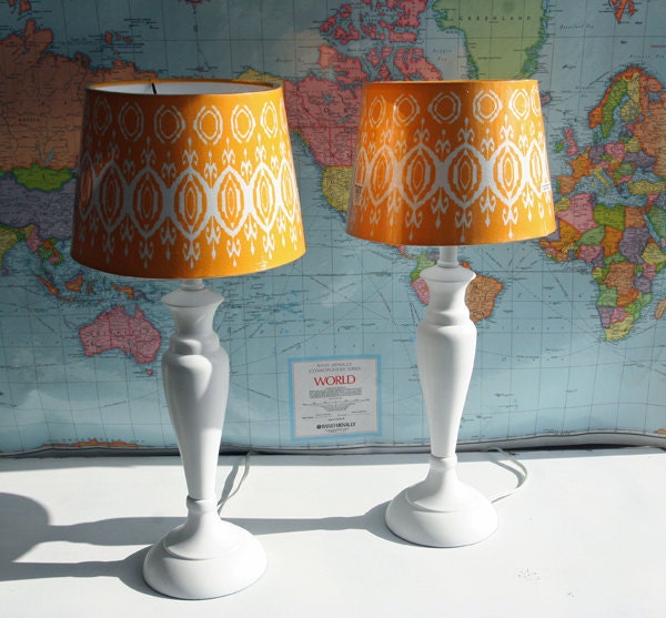 2 Small Vintage White Bedside Lamps with Yellow Shades By Foo Foo La La