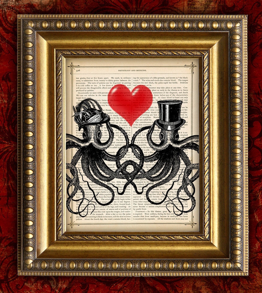 DIctionary Art Print Book Page Art Print recycled upcycled Antique OCTO LOVE OCTOPUS Lovers Valentines Day Gift Home Decor Wall Decor 8x10