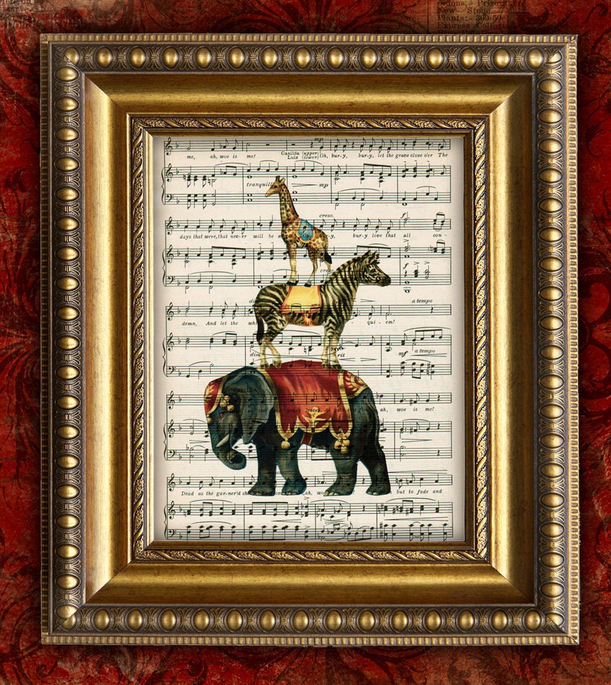 VIntage CIRCUS ANIMALS Tower Home Decor Wall Decor Art Print on Antique Sheet Music Page 8x10 Upcycled Recycled Art Print