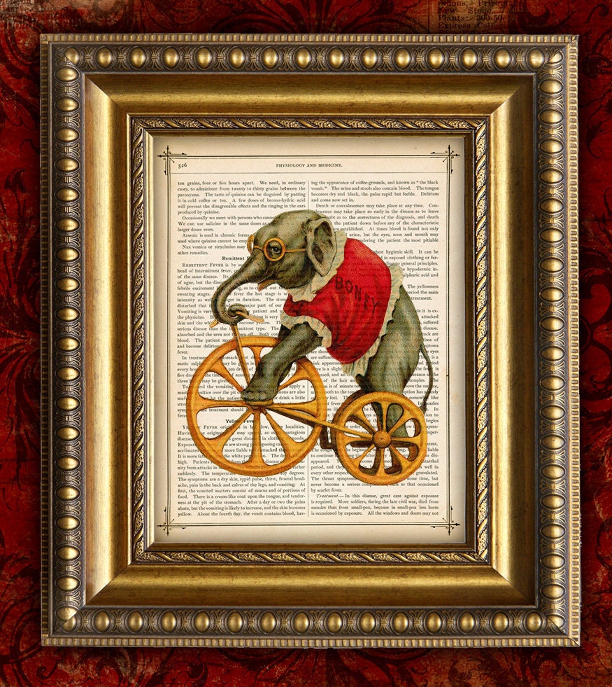 CIRCUS ELEPHANT 2 Vintage Art Print 8x10 on Antique Book Page Art Print on Dictionary Page Art Print