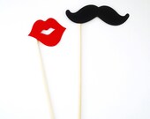Mustache and Lips on a Stick Photo Booth Prop Set of 12 Black Mustaches and Red Lips - READY TO SHIP Il_170x135