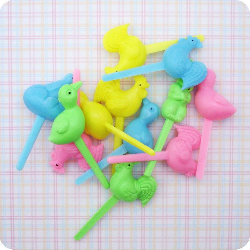 12 Easter Cupcake Picks Spring Cake Toppers - Blue Pink Yellow Green - Vintage Inspired Chick, Bunny, Duck, Rooster Il_570xn