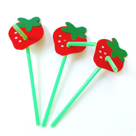 Sweet Strawberry Party Straws - Set of 20 Red Paper Strawberries on Straws Il_570xn