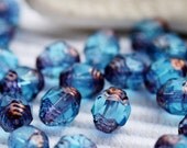 Czech Glass beads Aqua Blue Copper Ends Cathedral faceted oval - 8x6mm - 20Pc - 0109
