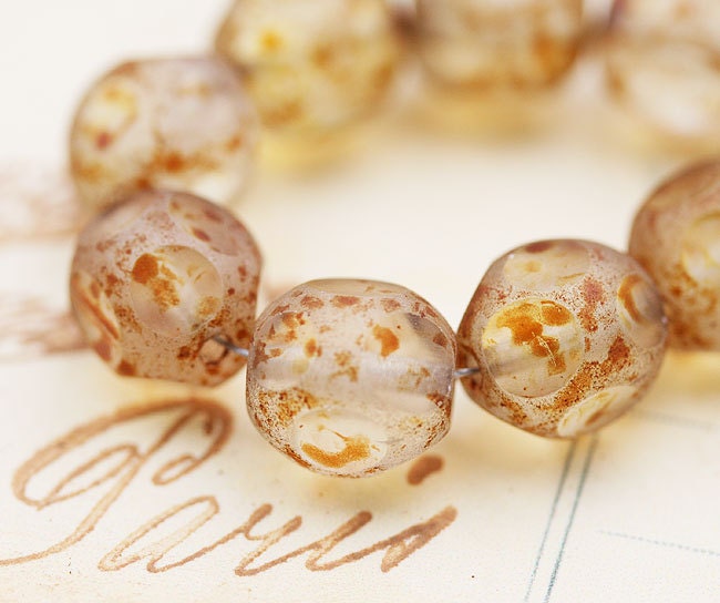 Czech beads SALE 10% Off, Picasso beads, Beige glass beads - brown dotted round cut, vintage look - 10mm - 10Pc -047