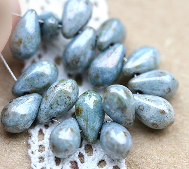 Glass bead Picasso Teardrops czech beads - blue grey - 9x6mm - 20 beads - 0162