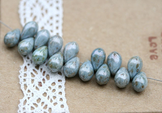 Glass bead Picasso Teardrops czech beads - blue grey - 9x6mm - 20 beads - 0162