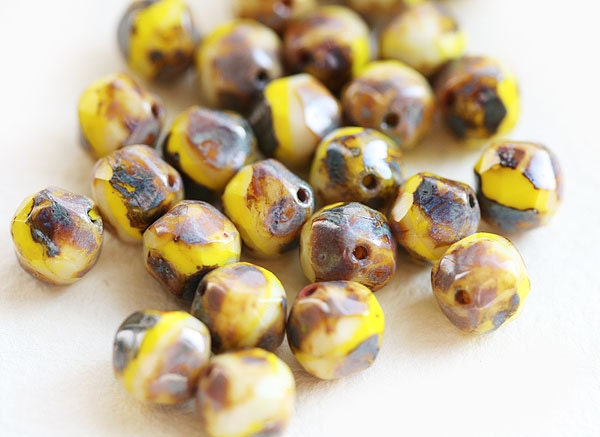 Yellow Brown Picasso czech glass beads - autumn colors - round cut baroque balls - 8mm - 20PC