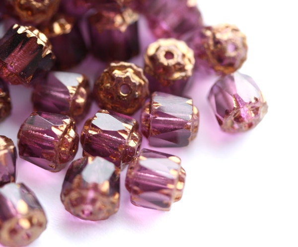 Violet purple cathedral czech glass beads with golden ends - 6mm - 20Pc - 0136