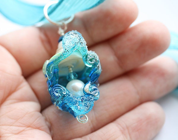 Aqua blue Glass Shell Pendant - sea color handmade lampwork glass OOAK beachy bead on sterling silver with natural pearl