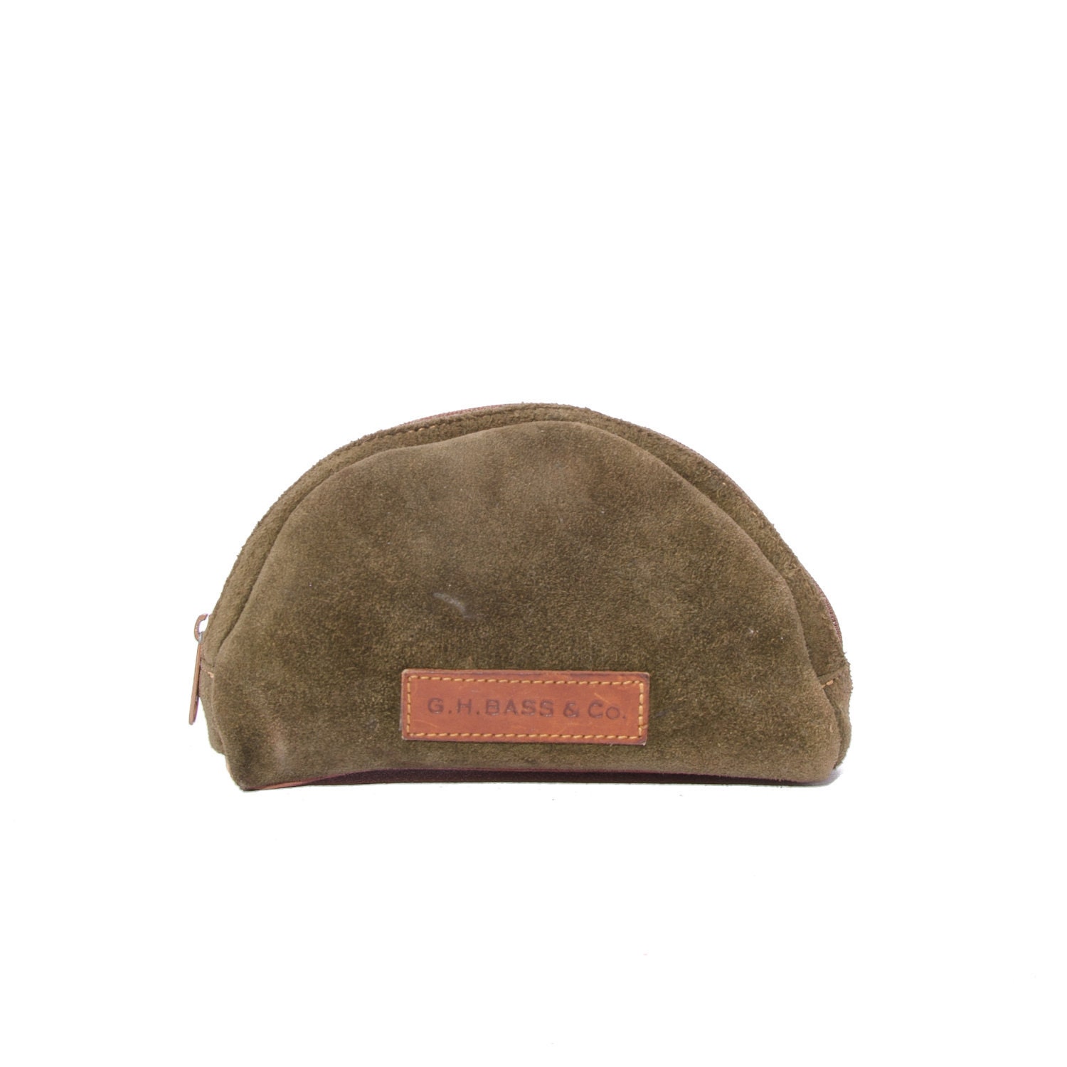 Vintage Bass Make up Case / Small Travel Bag Olive Green Suede