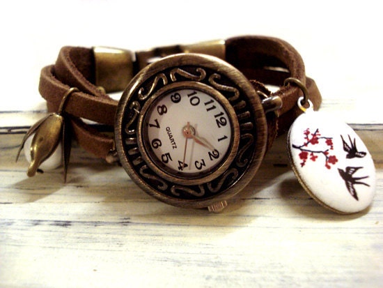 Cowhide bead watch wristwatch with working watch, pearl, enameled antique bird locket and little bronze swallow