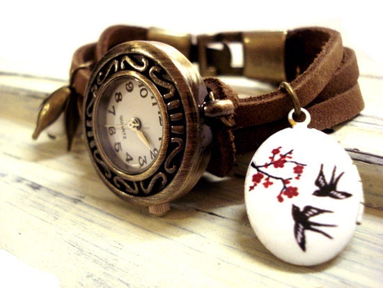 Cowhide bead watch wristwatch with working watch, pearl, enameled antique bird locket and little bronze swallow