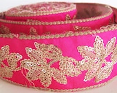 Shocking pink silk with tan embroidery and gold sequins (approx. 1 3/4 inch) - 1 yard