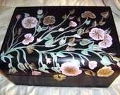 Handpainted Floral Design Wooden Treasure Chest / Small Blanket Chest / Keepsake Chest / Black Home Decor