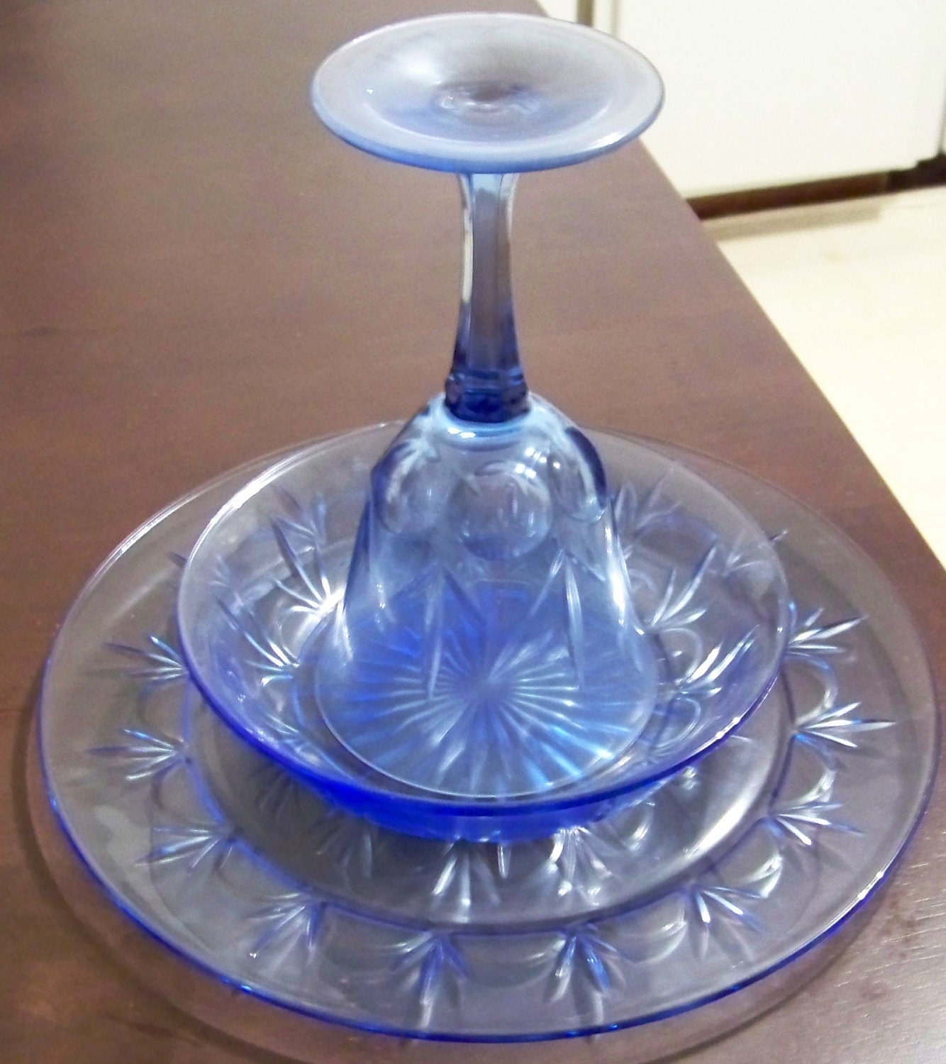 Vintage Service for Four (4) of AVON American Blue Glass Dinner Plates, Cereal / Salad Bowls, and Wine Glasses Mfd. by Fostoria
