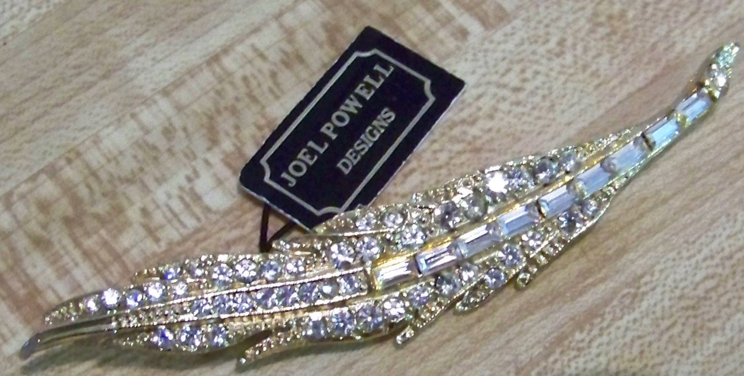 Vintage Joel Powell Goldtone and Rhinestone Leaf Design Brooch