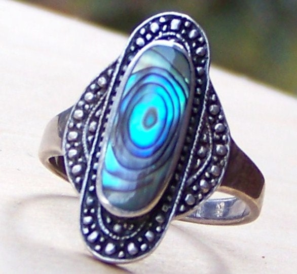 Vintage Sterling Silver and Abalone Elongated Ring